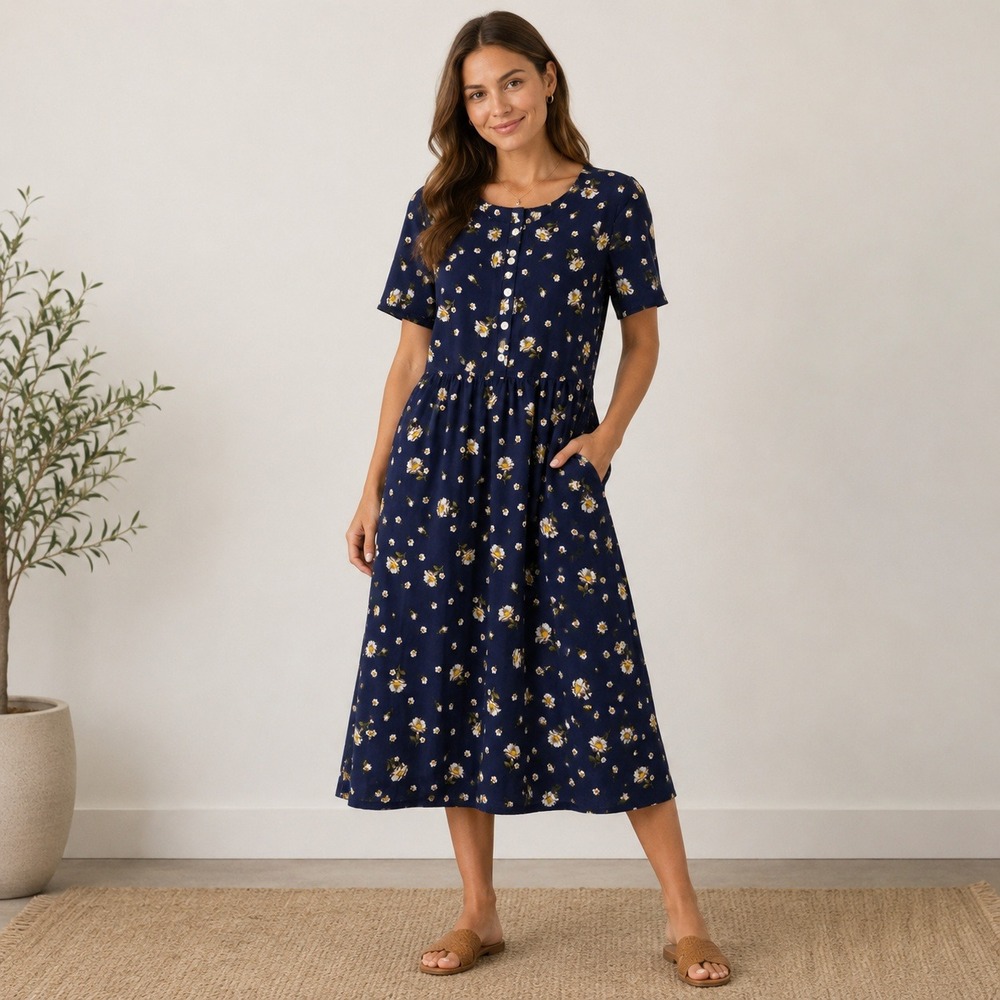 Vtg Blair Floral Midi Dress Womens XL Petite Navy Daisy Button Front Cottagecore